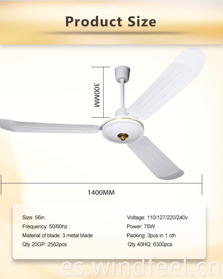 56 pulgadas 1400 mm CA DC Solar Big Power Air Fool Fan de techo de Ghana con 3 cuchillas de aluminio